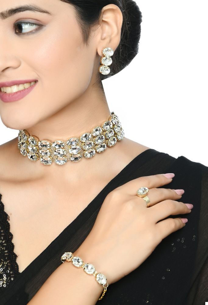 Mominos Fashion Johar Kamal Gold-Plated Finish Stone Choker For Women (White) - Distacart