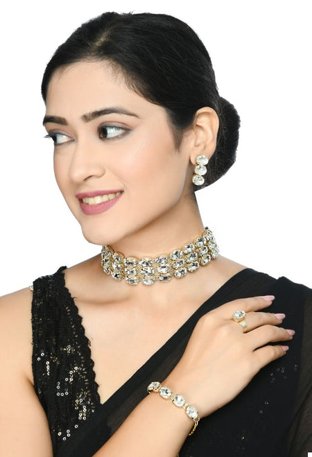 Mominos Fashion Johar Kamal Gold-Polished Finish Stone Choker For Women (White)