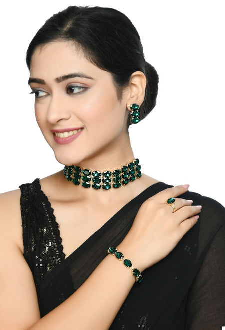 Mominos Fashion Johar Kamal Gold-Polished Finish Stone Choker For Women (Green)