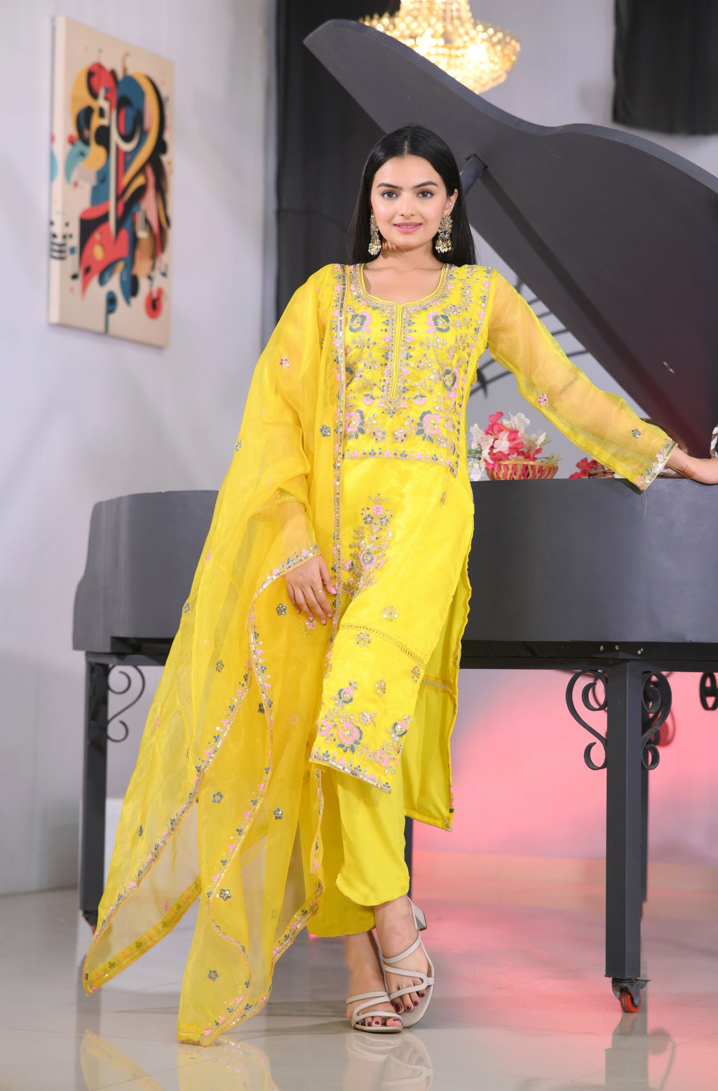 Teeya Creation Lemon Yellow Color Organza Silk Heavy Embroidery Work Fully Stitched Salwar Suit