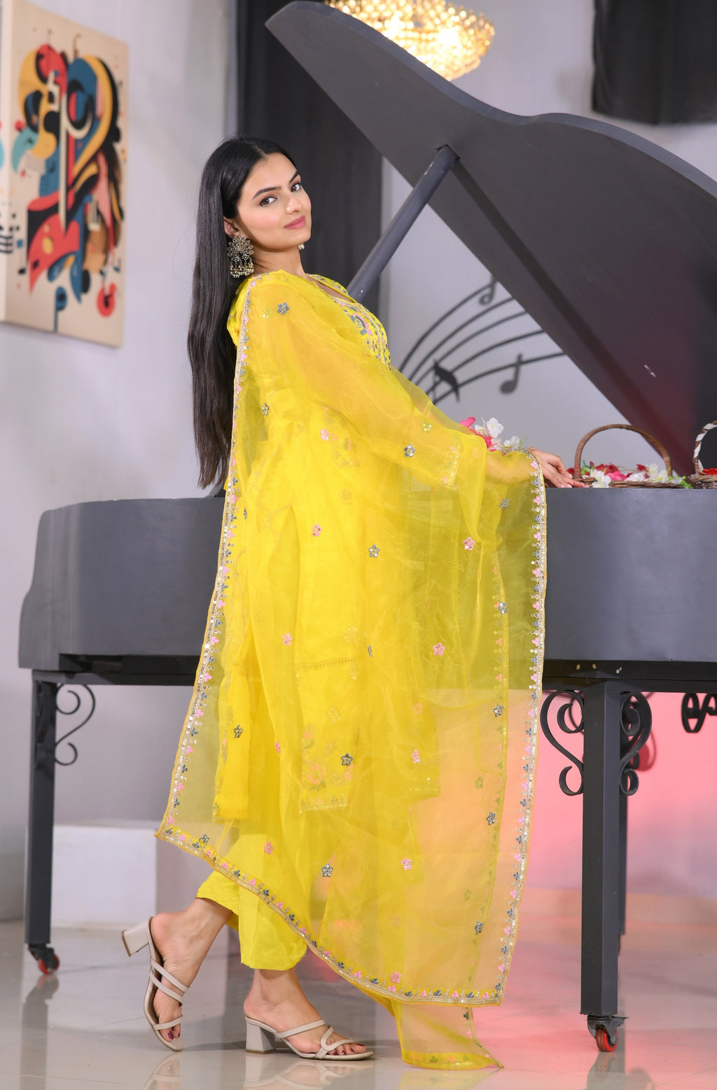 Teeya Creation Lemon Yellow Color Organza Silk Heavy Embroidery Work Fully Stitched Salwar Suit