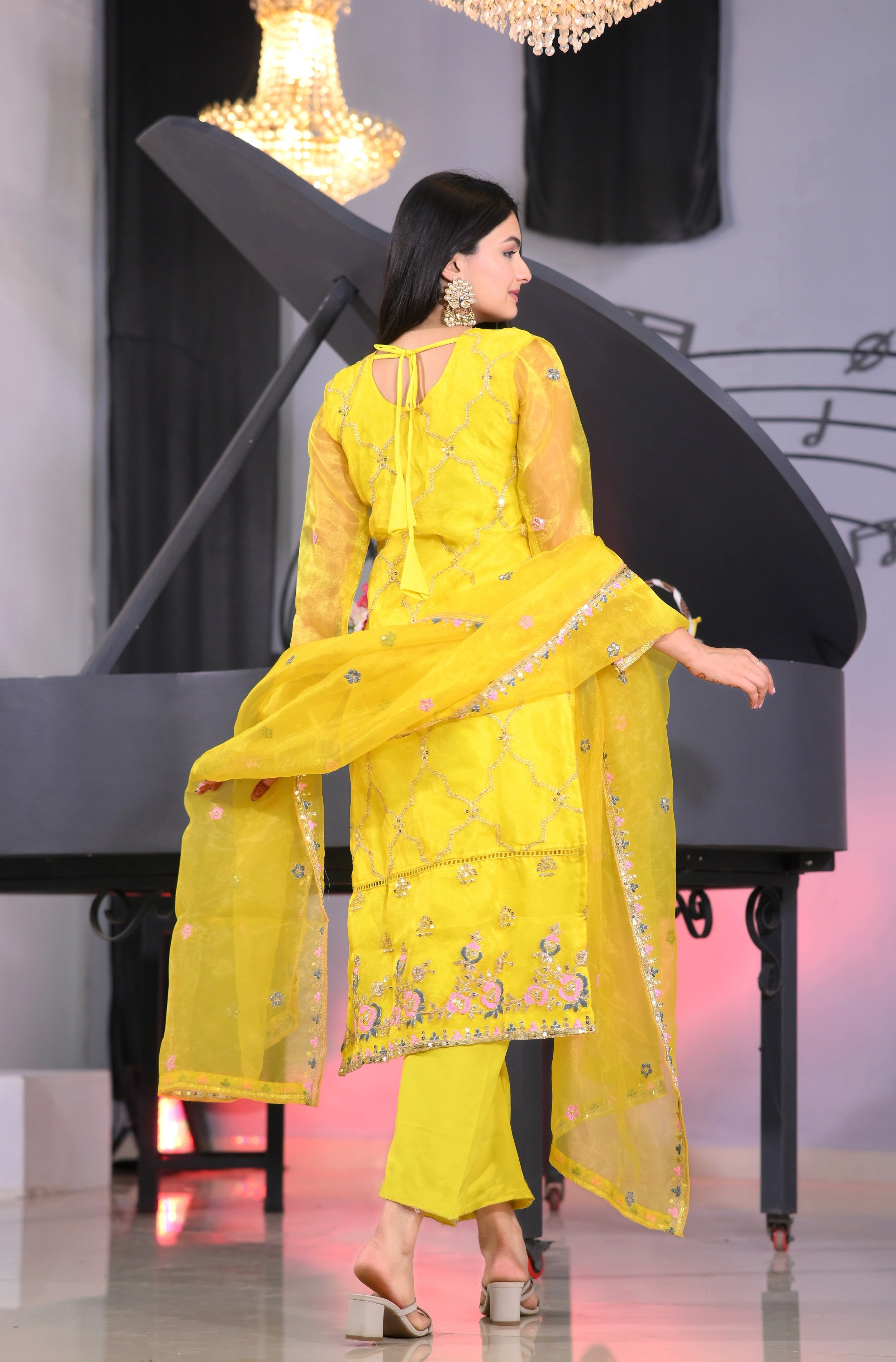 Teeya Creation Lemon Yellow Color Organza Silk Heavy Embroidery Work Fully Stitched Salwar Suit
