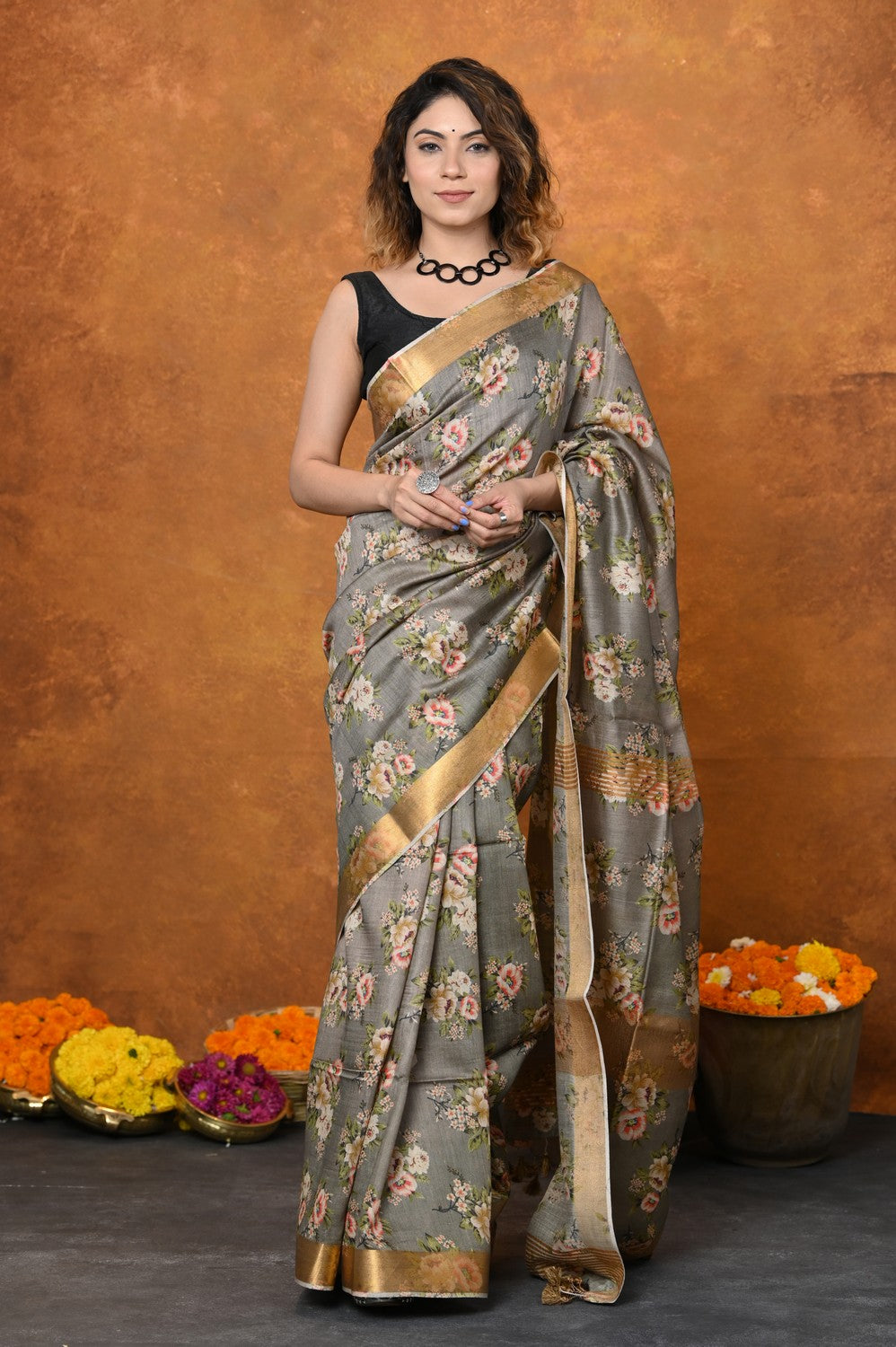 Very Much Indian Designed By VMI - Handloom Moonga Tussar Silk Saree With Digital Floral Print