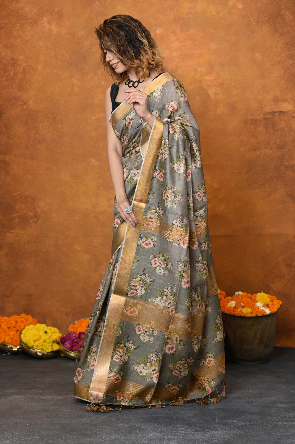 Very Much Indian Designed By VMI - Handloom Moonga Tussar Silk Saree With Digital Floral Print