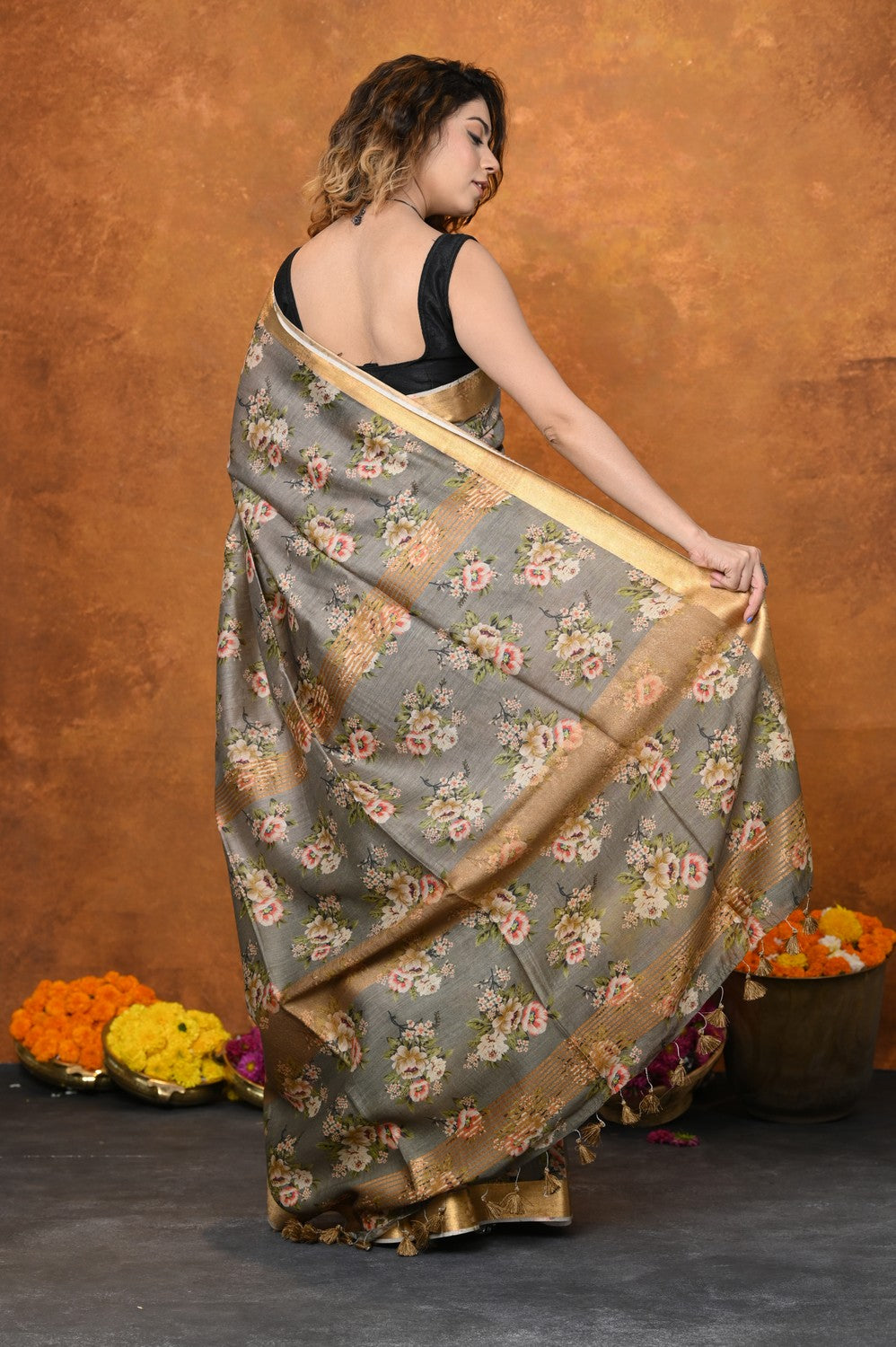 Very Much Indian Designed By VMI - Handloom Moonga Tussar Silk Saree With Digital Floral Print