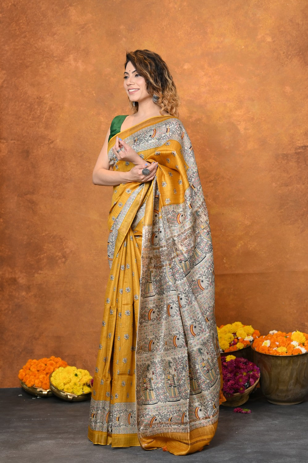 Very Much Indian Designed By VMI - Handloom Pure Tussar Silk Saree With Beautiful Madhubani Print - Yellow