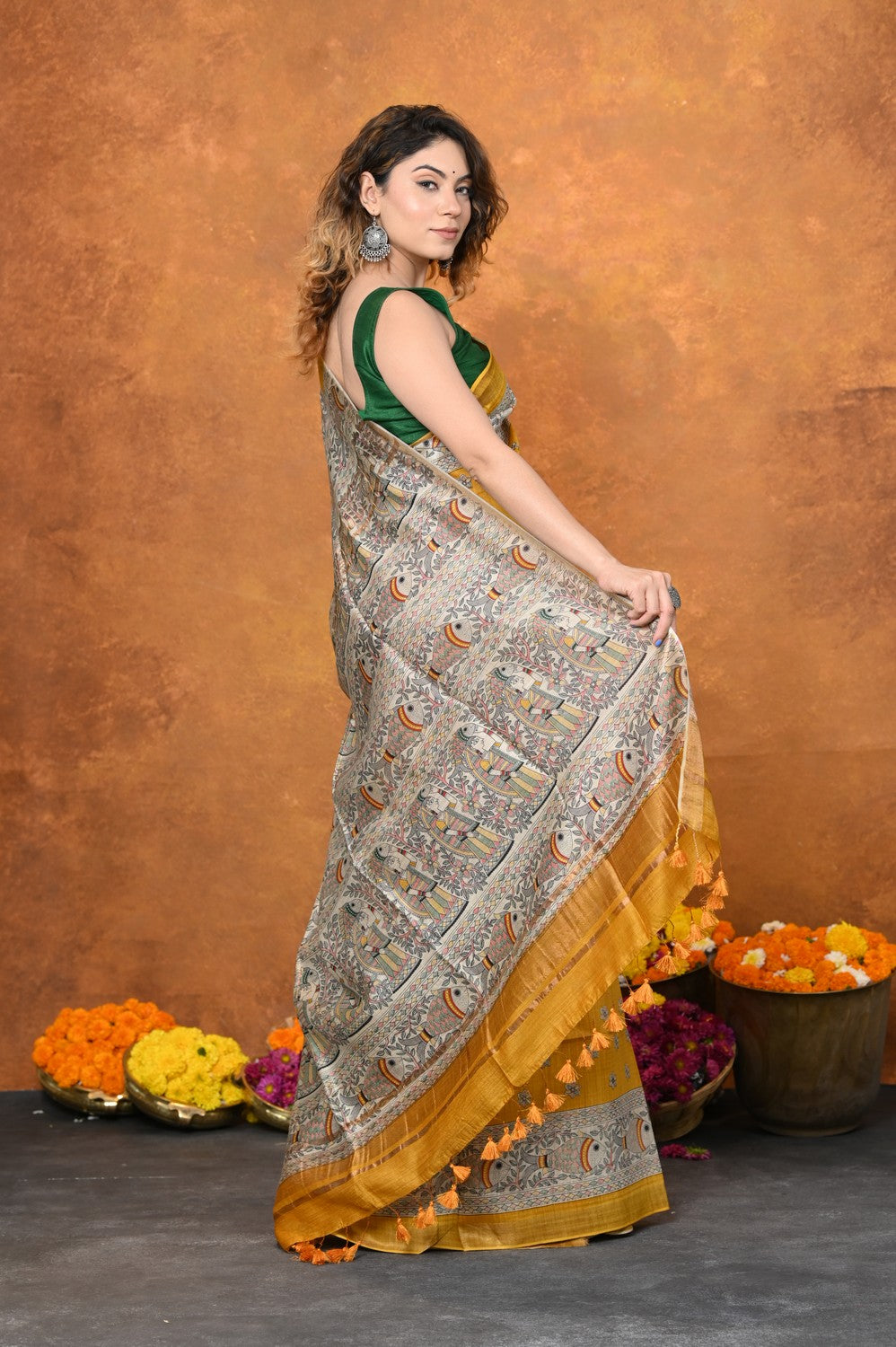 Very Much Indian Designed By VMI - Handloom Pure Tussar Silk Saree With Beautiful Madhubani Print - Yellow