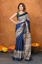Very Much Indian Designed By VMI - Handloom Pure Tussar Silk Saree With Beautiful Madhubani Print - Blue