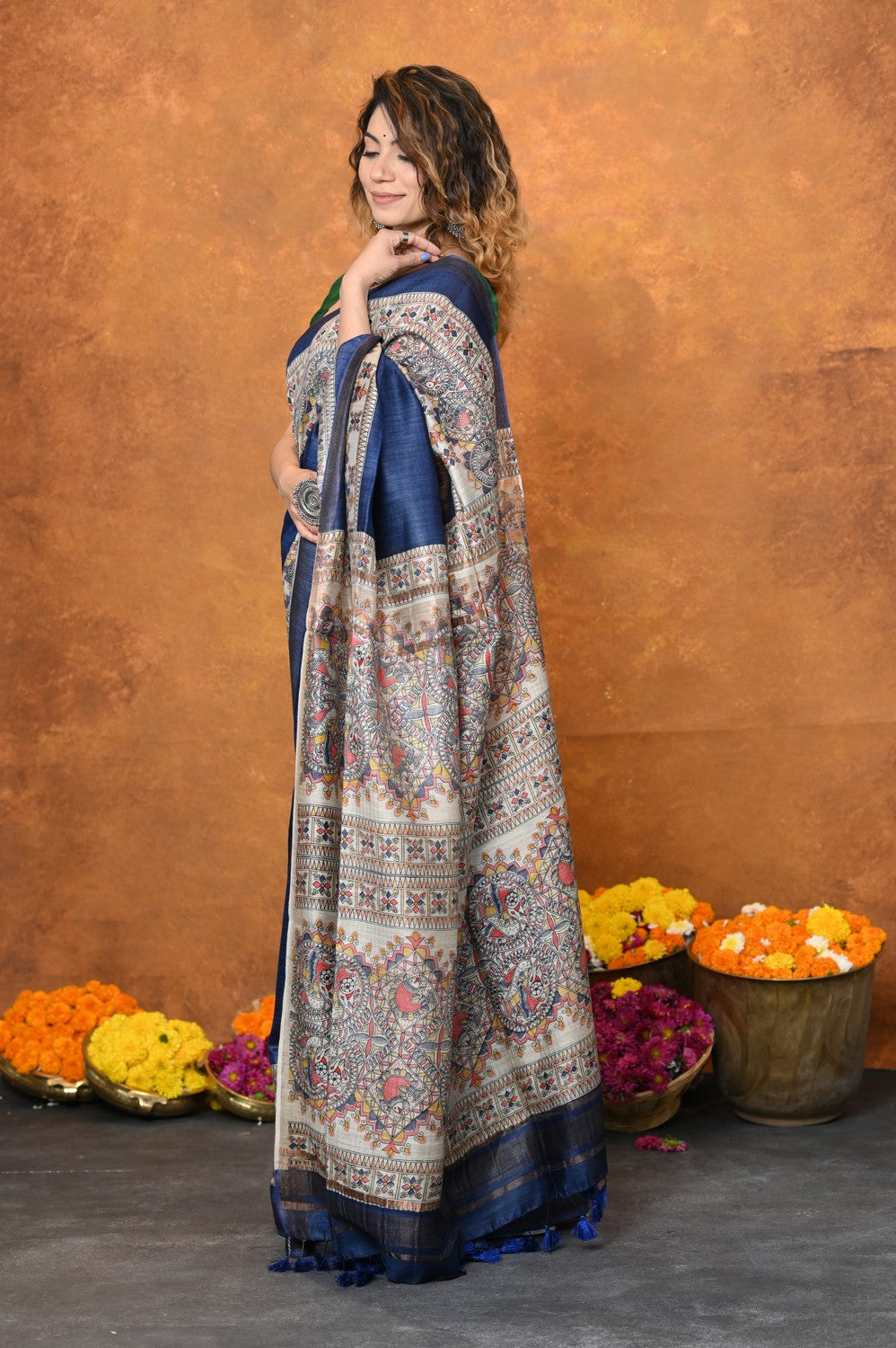 Very Much Indian Designed By VMI - Handloom Pure Tussar Silk Saree With Beautiful Madhubani Print - Blue