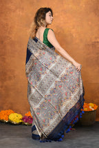 Very Much Indian Designed By VMI - Handloom Pure Tussar Silk Saree With Beautiful Madhubani Print - Blue