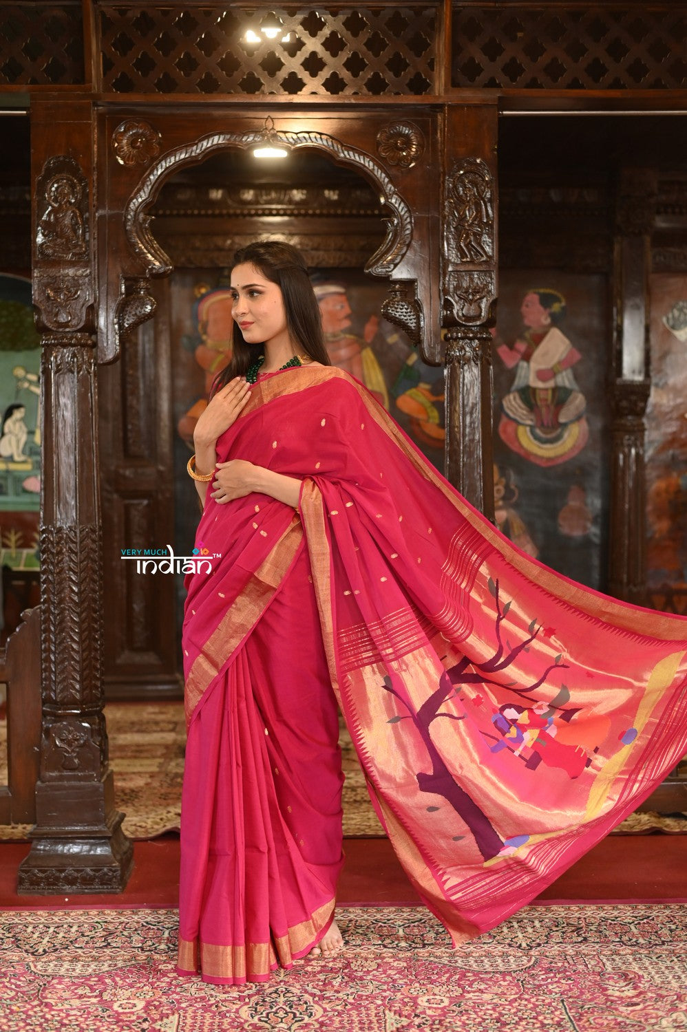 Very Much Indian Authentic Handloom Pure Cotton Paithani with Traditional Radha Krishna Pallu - Red Delight - Distacart