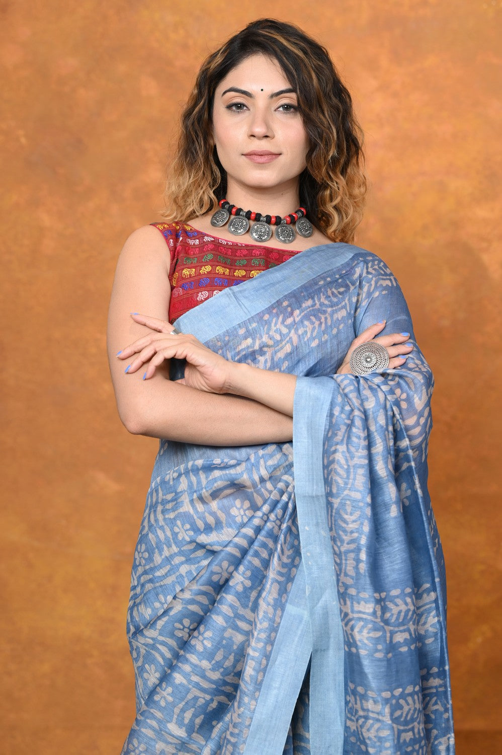 Very Much Indian Designed By VMI - Handloom Pure Organic Natural Linen Silk Saree with Allover Handblock Print - Powder Blue