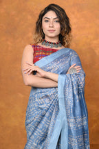 Very Much Indian Designed By VMI - Handloom Pure Organic Natural Linen Silk Saree with Allover Handblock Print - Powder Blue