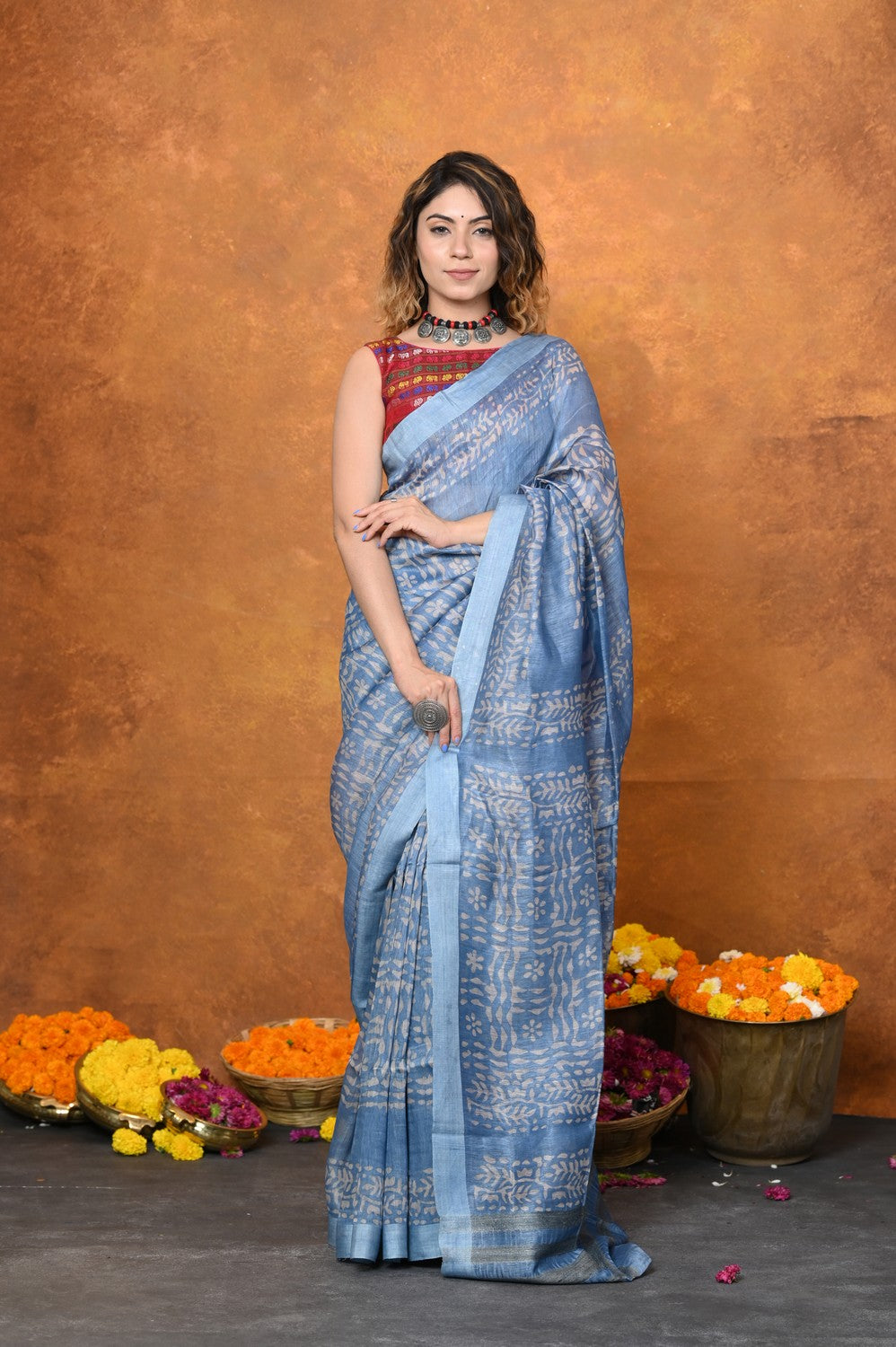 Very Much Indian Designed By VMI - Handloom Pure Organic Natural Linen Silk Saree with Allover Handblock Print - Powder Blue