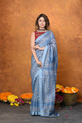 Very Much Indian Designed By VMI - Handloom Pure Organic Natural Linen Silk Saree with Allover Handblock Print - Powder Blue