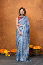 Very Much Indian Designed By VMI - Handloom Pure Organic Natural Linen Silk Saree with Allover Handblock Print - Powder Blue