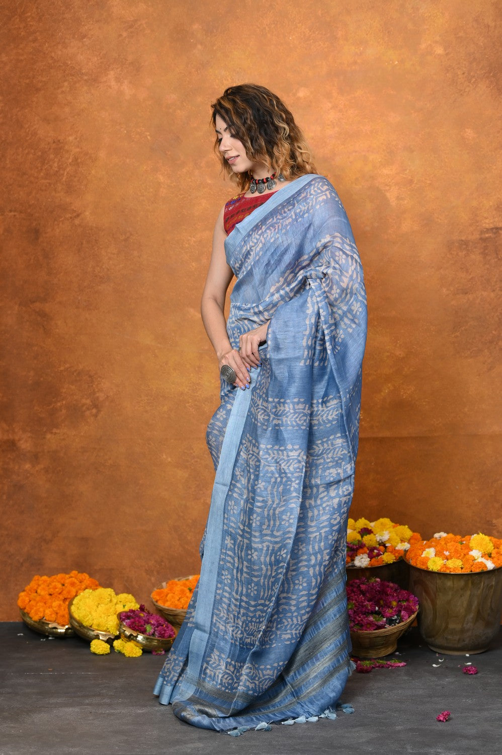 Very Much Indian Designed By VMI - Handloom Pure Organic Natural Linen Silk Saree with Allover Handblock Print - Powder Blue