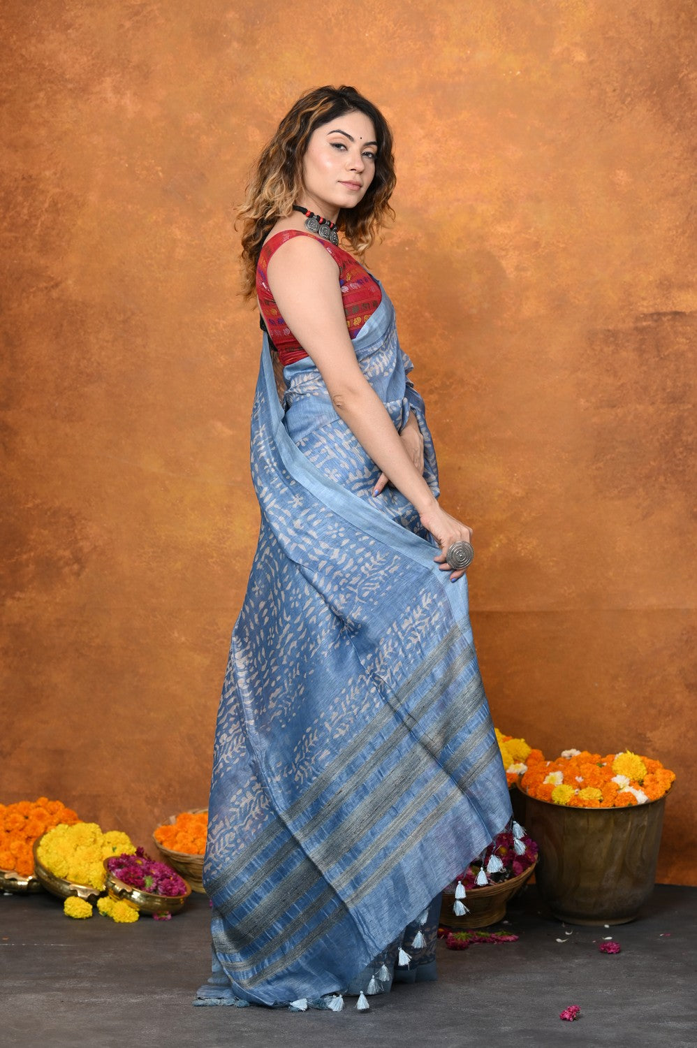 Very Much Indian Designed By VMI - Handloom Pure Organic Natural Linen Silk Saree with Allover Handblock Print - Powder Blue