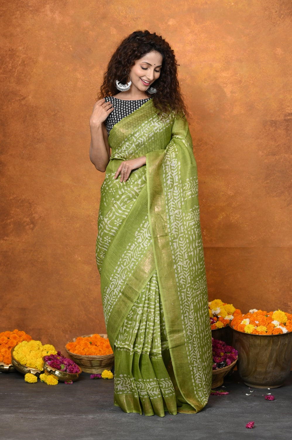 Very Much Indian Designed By VMI - Handloom Pure Organic Natural Linen Silk Saree with Allover Handblock Print - Green
