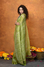 Very Much Indian Designed By VMI - Handloom Pure Organic Natural Linen Silk Saree with Allover Handblock Print - Green