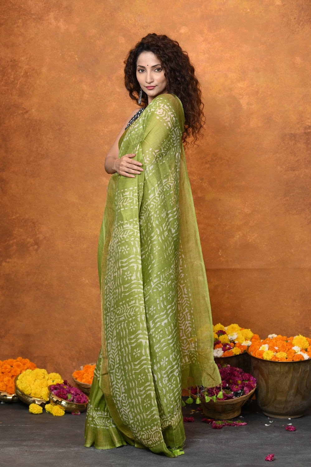 Very Much Indian Designed By VMI - Handloom Pure Organic Natural Linen Silk Saree with Allover Handblock Print - Green