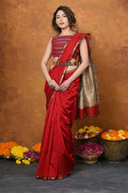 Very Much Indian Handloom Cotton Silk Saree With Sleek Golden Border - Red