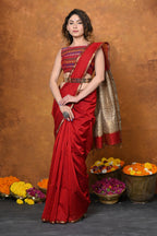 Very Much Indian Handloom Cotton Silk Saree With Sleek Golden Border - Red