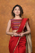 Very Much Indian Handloom Cotton Silk Saree With Sleek Golden Border - Red