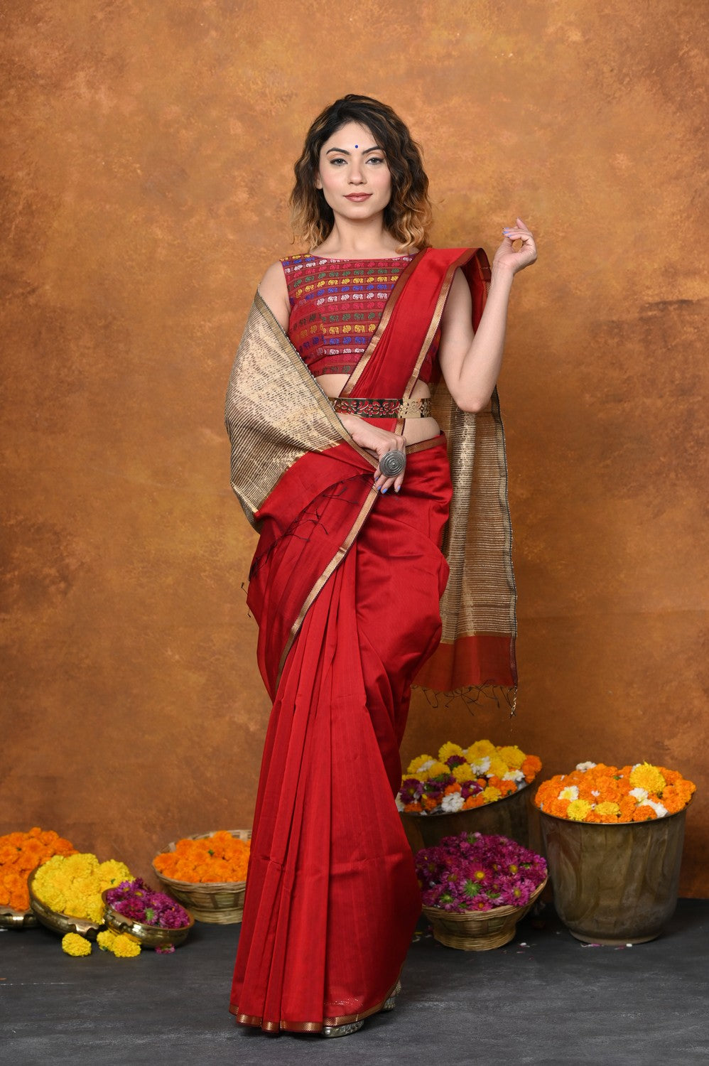Very Much Indian Handloom Cotton Silk Saree With Sleek Golden Border - Red