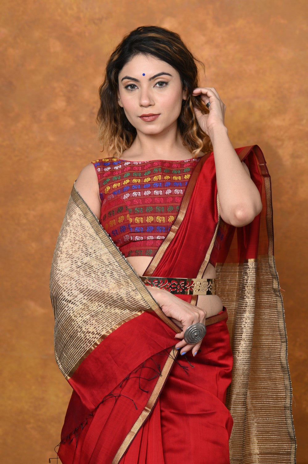 Very Much Indian Handloom Cotton Silk Saree With Sleek Golden Border - Red