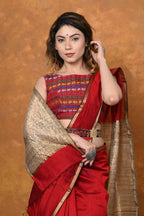 Very Much Indian Handloom Cotton Silk Saree With Sleek Golden Border - Red