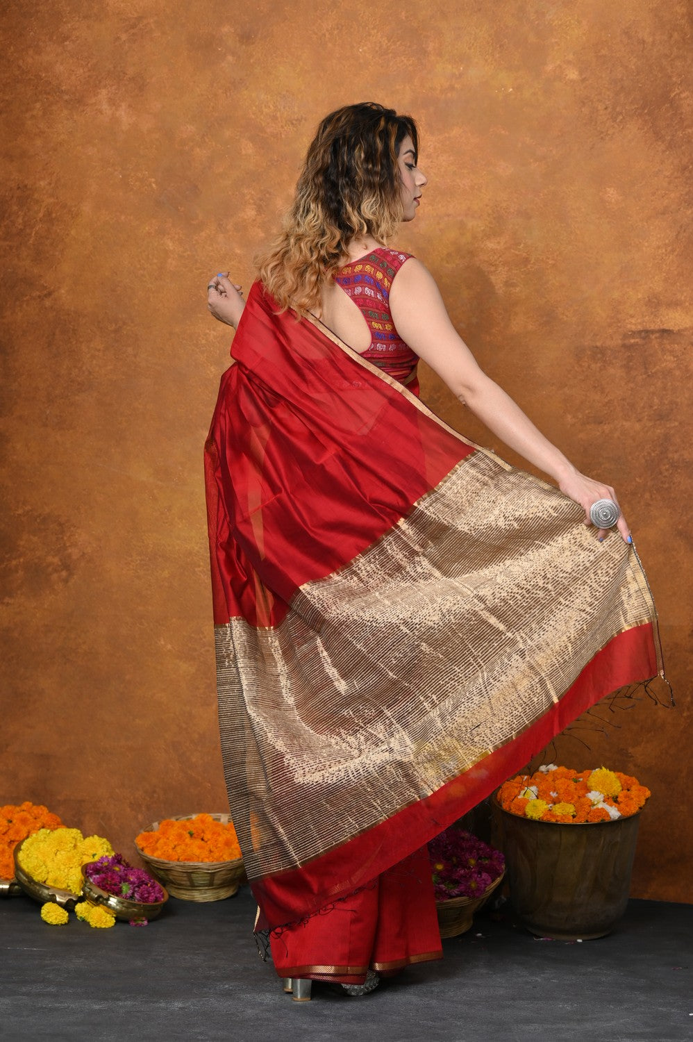 Very Much Indian Handloom Cotton Silk Saree With Sleek Golden Border - Red