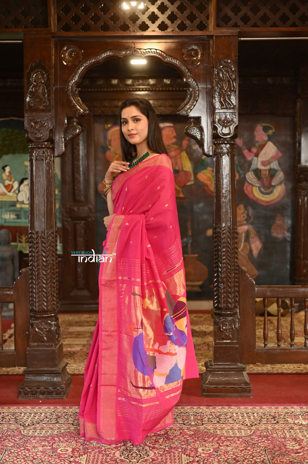 Very Much Indian Authentic Handloom Pure Cotton Paithani with Handcrafted Radhakrishna Pallu - Rani Pink - Distacart