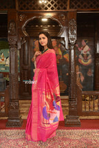 Very Much Indian Authentic Handloom Pure Cotton Paithani with Handcrafted Radhakrishna Pallu - Rani Pink - Distacart