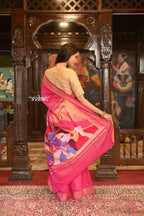 Very Much Indian Authentic Handloom Pure Cotton Paithani with Handcrafted Radhakrishna Pallu - Rani Pink - Distacart