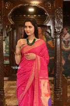 Very Much Indian Authentic Handloom Pure Cotton Paithani with Handcrafted Radhakrishna Pallu - Rani Pink - Distacart