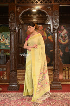 Very Much Indian Authentic Handloom Pure Cotton Paithani with Handcrafted Asawali Pallu - Lime Yellow - Distacart