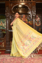 Very Much Indian Authentic Handloom Pure Cotton Paithani with Handcrafted Asawali Pallu - Lime Yellow - Distacart