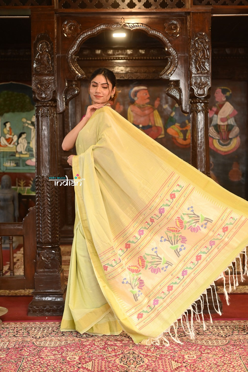 Very Much Indian Authentic Handloom Pure Cotton Paithani with Handcrafted Asawali Pallu - Lime Yellow - Distacart