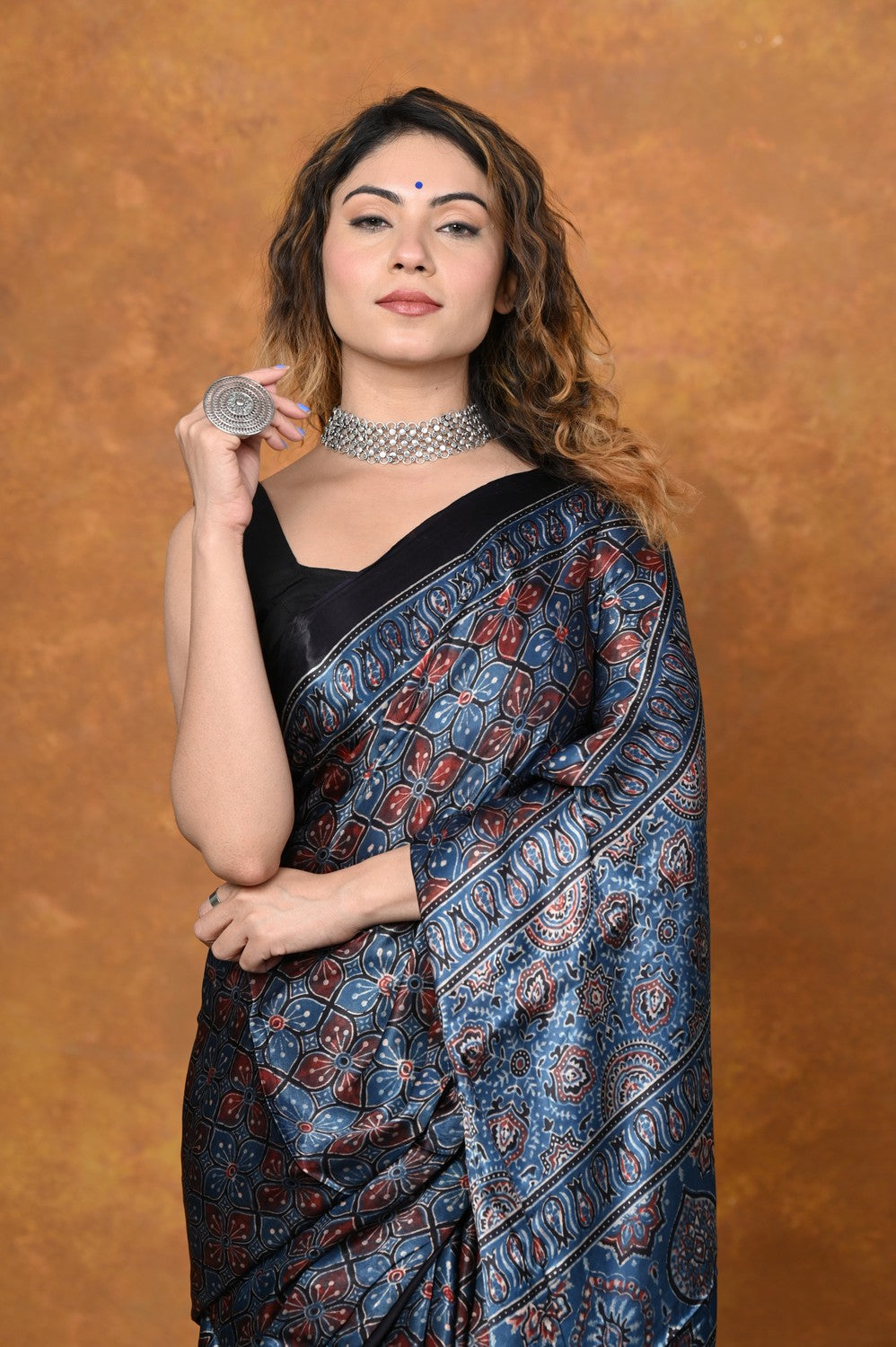Very Much Indian Handloom Modal Silk Saree With Ajrakh Handblock Print With Eco-Friendly Vegetable Dye - Blue