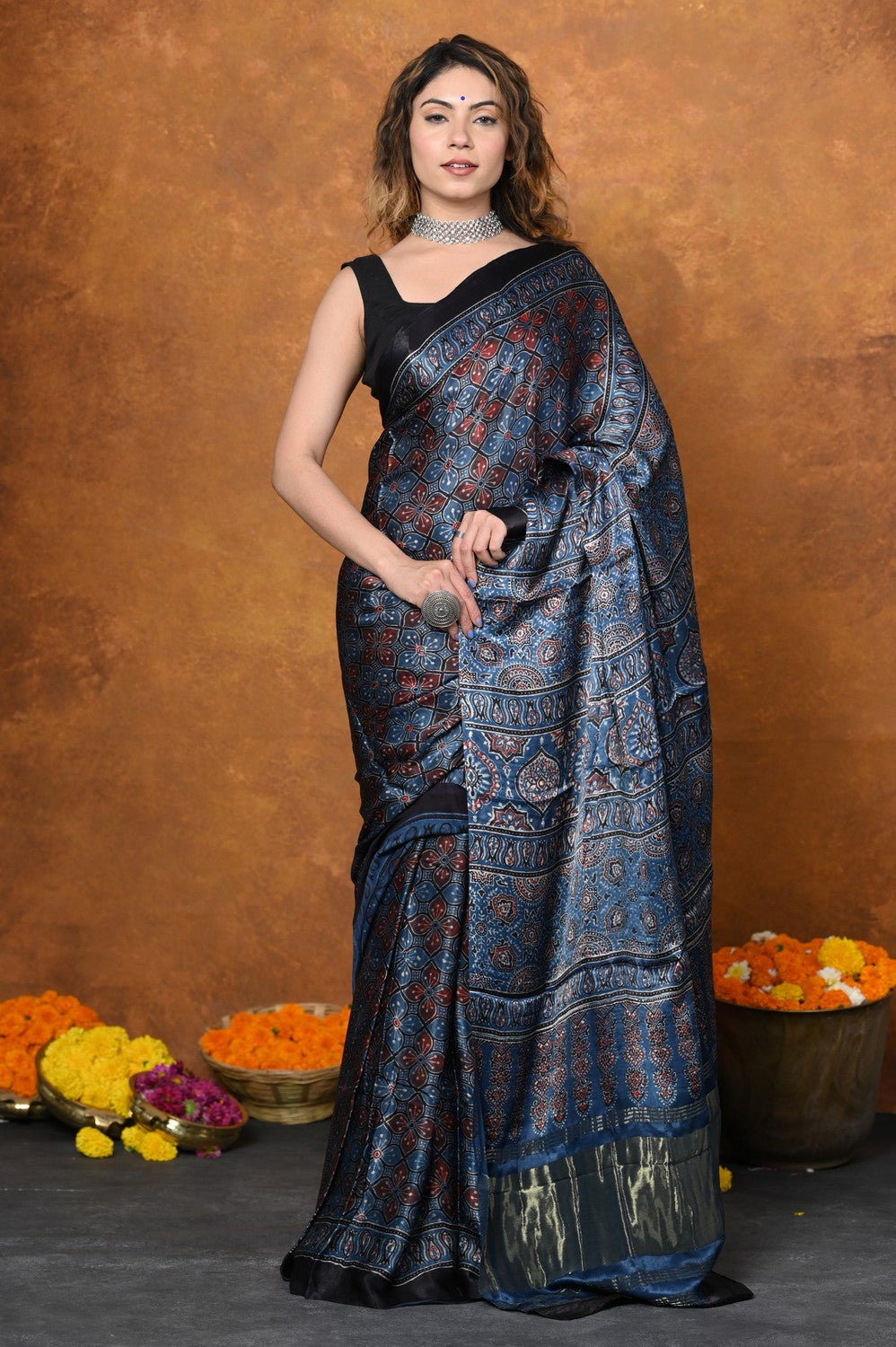 Very Much Indian Handloom Modal Silk Saree With Ajrakh Handblock Print With Eco-Friendly Vegetable Dye - Blue