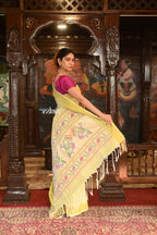 Very Much Indian Authentic Handloom Pure Cotton Paithani with Handcrafted Asawali Pallu - Lime Yellow - Distacart
