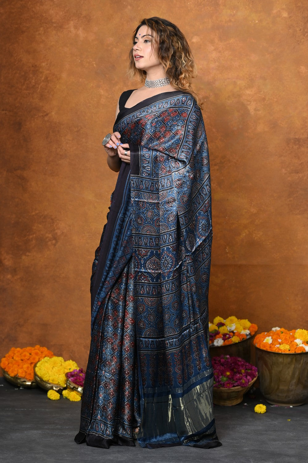 Very Much Indian Handloom Modal Silk Saree With Ajrakh Handblock Print With Eco-Friendly Vegetable Dye - Blue