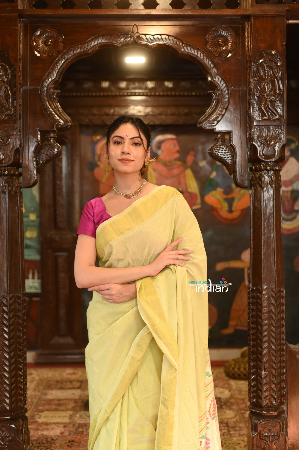 Very Much Indian Authentic Handloom Pure Cotton Paithani with Handcrafted Asawali Pallu - Lime Yellow - Distacart