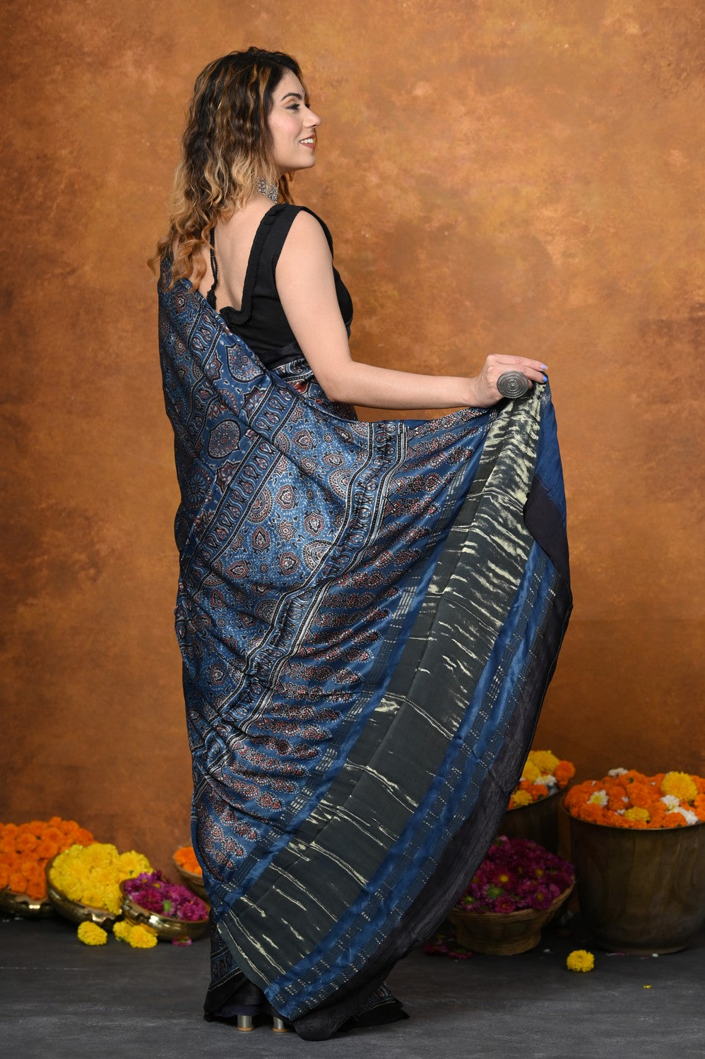 Very Much Indian Handloom Modal Silk Saree With Ajrakh Handblock Print With Eco-Friendly Vegetable Dye - Blue
