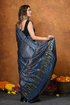 Very Much Indian Handloom Modal Silk Saree With Ajrakh Handblock Print With Eco-Friendly Vegetable Dye - Blue