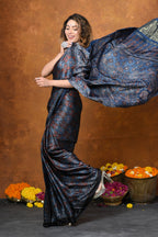 Very Much Indian Handloom Modal Silk Saree With Ajrakh Handblock Print With Eco-Friendly Vegetable Dye - Blue