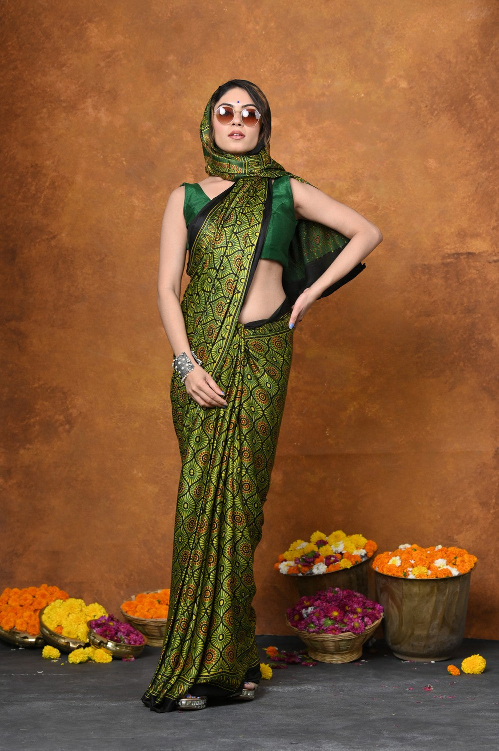 Very Much Indian Handloom Modal Silk Saree With Ajrakh Handblock Print With Eco-Friendly Vegetable Dye - Green
