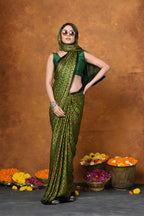 Very Much Indian Handloom Modal Silk Saree With Ajrakh Handblock Print With Eco-Friendly Vegetable Dye - Green