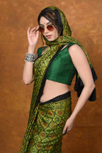 Very Much Indian Handloom Modal Silk Saree With Ajrakh Handblock Print With Eco-Friendly Vegetable Dye - Green